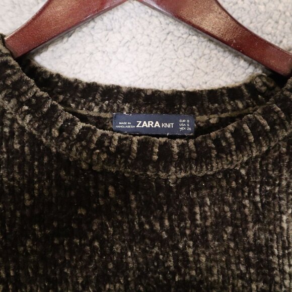 Zara Knit Chenille Crop Sweater Brown Scalloped Hem Size S Soft Comfy - Picture 7 of 12